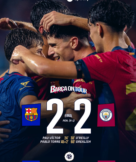 友谊赛-曼城2-2巴萨，点球大战1-4告负！曼城热身赛3连败