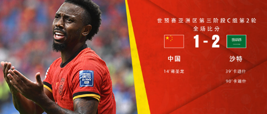 世预赛-国足1-2遭沙特逆转绝杀 两连败0分垫底