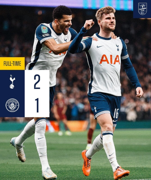 联赛杯-热刺2-1送曼城首败晋级8强 维尔纳破荒努内斯破门