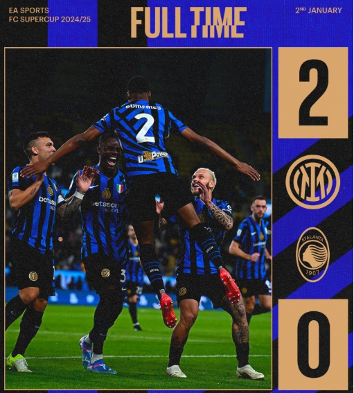 国米2-0亚特兰大连续4年进意超杯决赛 邓弗里斯倒钩+爆杆世界波