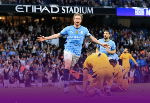 英超-曼城1-0狼队先赛升至第三 德布劳内制胜 多库助攻